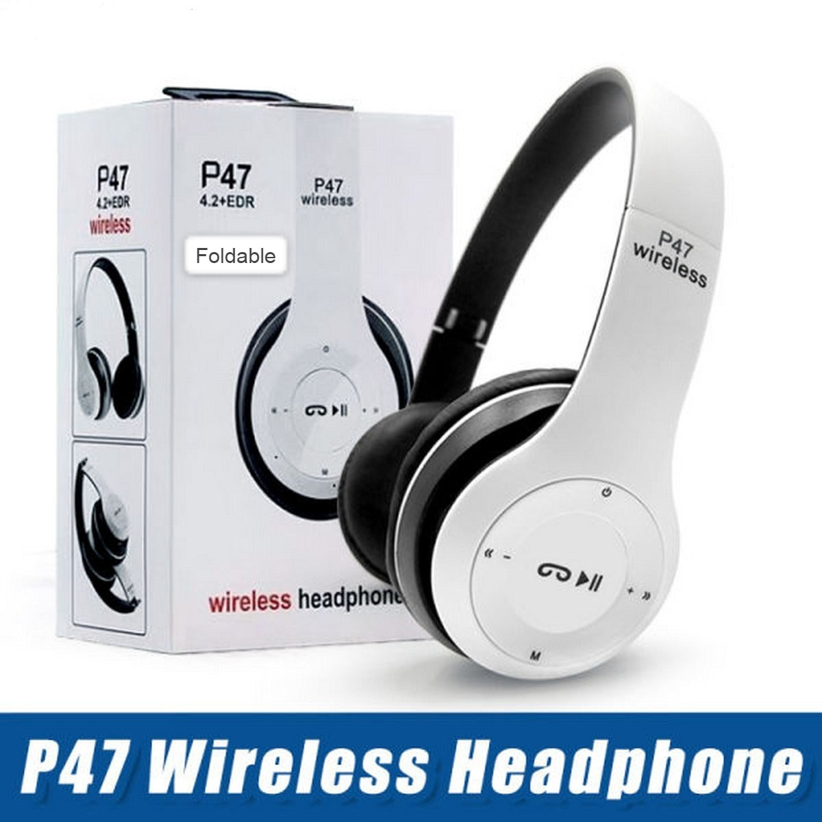 P47 Wireless Bluetooth Headphones | Foldable Over-Ear Headset with Mic, FM Radio & TF Card Support | Compatible with PC, TV, Smartphones & Tablets