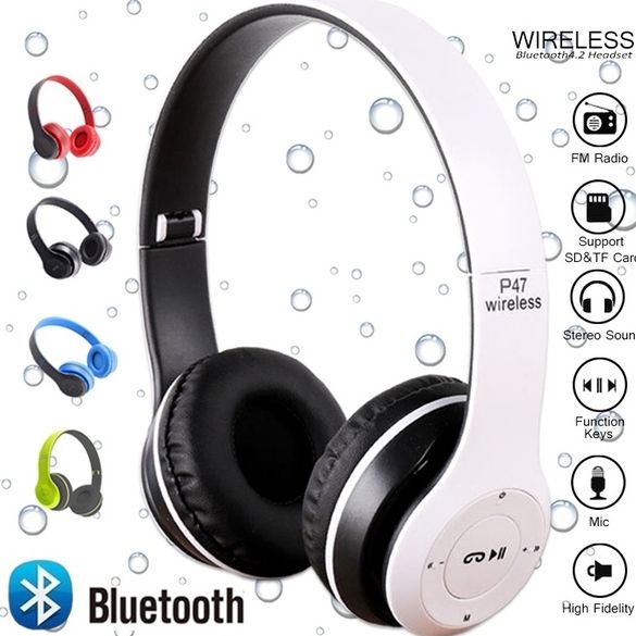 P47 Wireless Bluetooth Headphones | Foldable Over-Ear Headset with Mic, FM Radio & TF Card Support | Compatible with PC, TV, Smartphones & Tablets